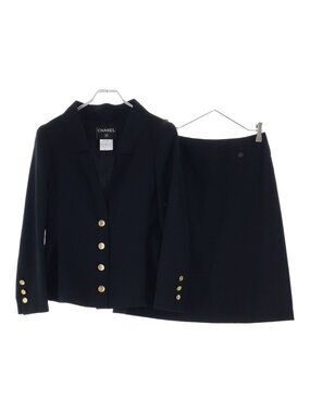 Chanel CC Logo Gold Button Tailored Jacket Skirt Set Black 38